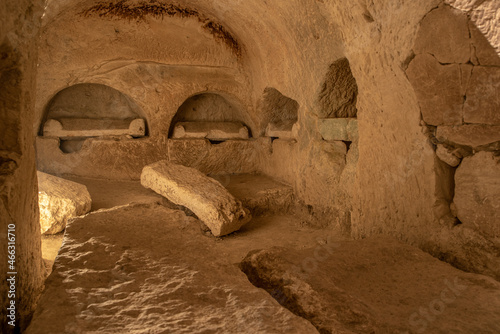Cave of the coffins at Bet She'arim in Kiryat Tivon, Israel catacombs with sarcophagi 