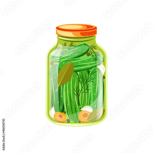 Flat illustration of jar of canned cucumbers. Green cucumbers gherkins with spices in a glass jar on white background. Idea for poster, sticker, postcard, magazine, book, web design and so on.