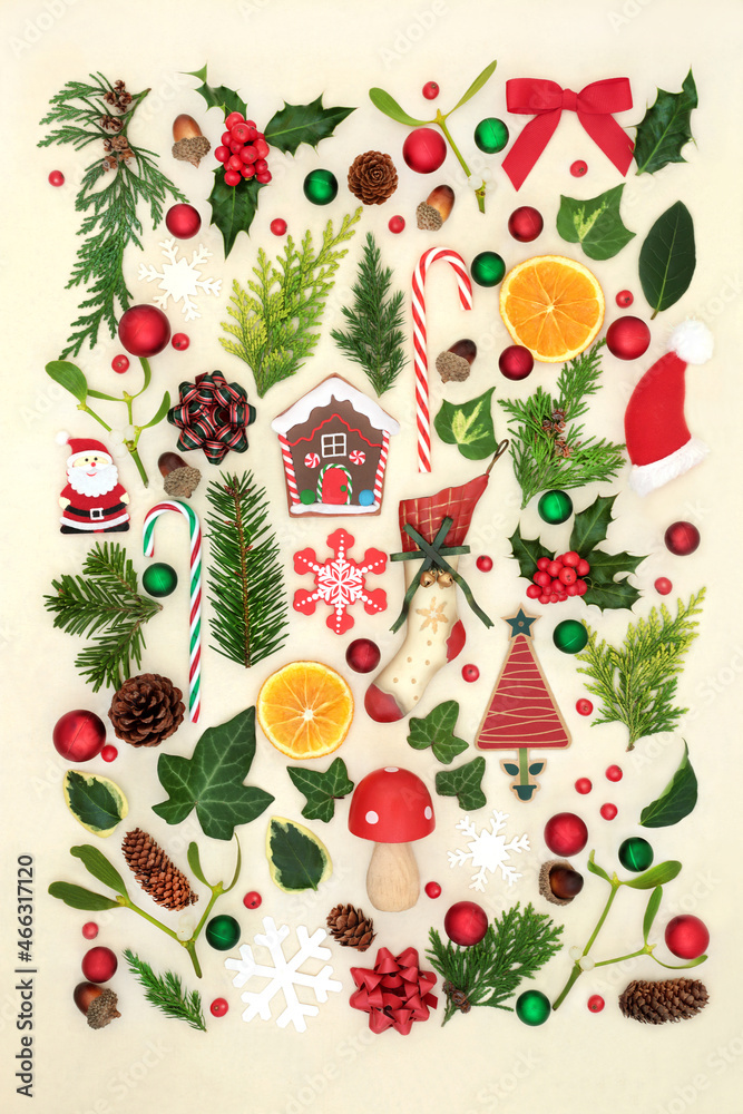 Large collection of traditional retro Christmas decorations and symbols with European winter greenery on hemp paper background. Eco friendly green nature concept for Xmas. Large collection of traditional retro Christmas decorations and symbols with European winter greenery on hemp paper background. Eco friendly green nature concept for Xmas.