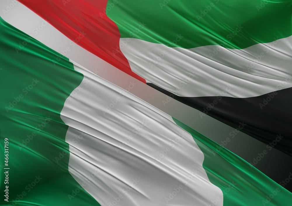 Obraz premium UAE Flag with Abstract Nigeria Flag Illustration 3D Rendering (3D Artwork)