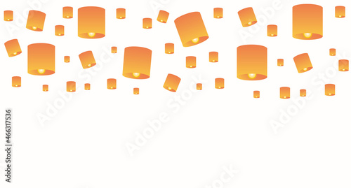 Sky lanterns isolated on white background.Paper flying lantern lights with flame.Floating lamps.Diwali festival.Chinese New Year.Loy Krathong Day.Vector illustration.
