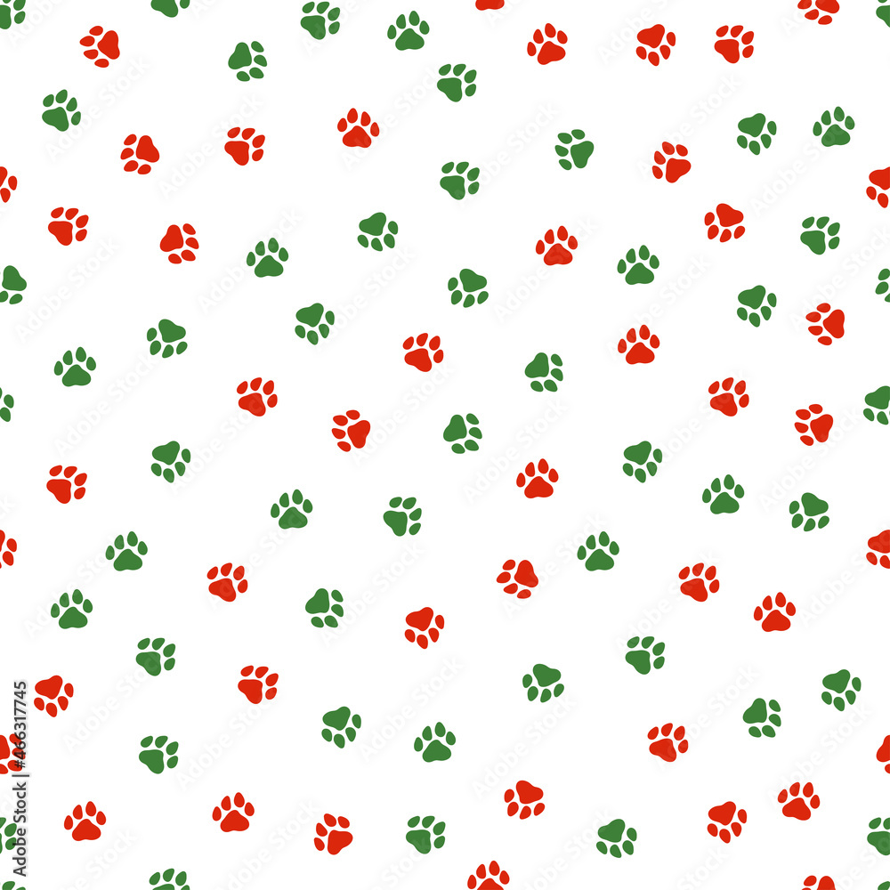 Seamless pattern with Christmas decoration. Green and red paws pattern.