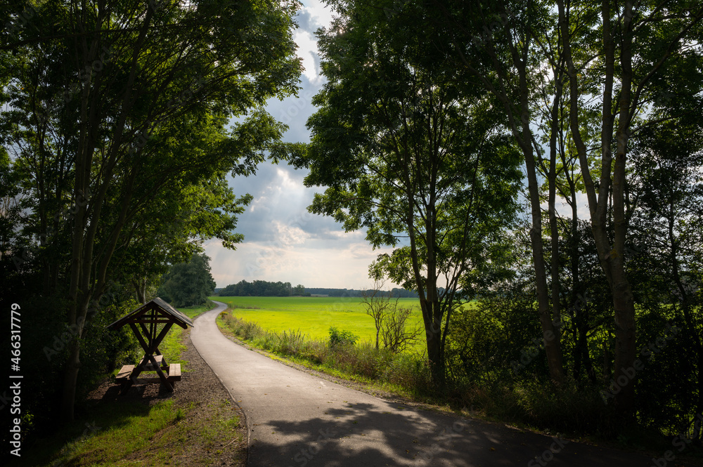 Obraz premium A narrow paved road next to agricultural fields near the city of Brandenburg. It's a sunny autumn day, but there are ominous storm clouds in the sky. There is a wooden bench on the left.
