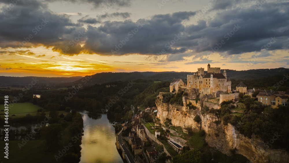 Aerial medieval castle Aerial of Beynac-et-Cazenac in France near the dordogne river