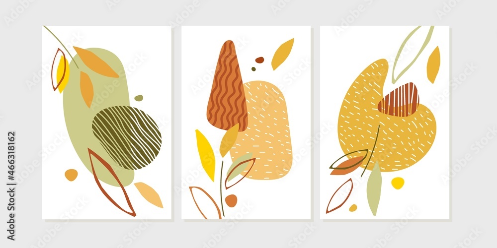 Set of nature poster with plants, fallen leaves. Hand drawn nature shapes in orange brown colors. Collage for decoration, postcard, cover, invitations for autumn holidays. Minimal natural wall arts.