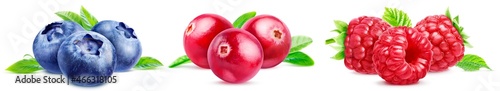 A set of compositions from different forest berries: raspberries, blueberries, cranberries, isolated on a white background. Three whole berries in each group.