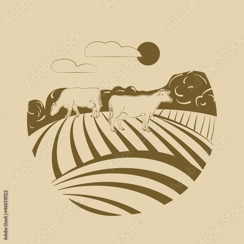 The emblem of a dairy farm. Cows grazing in a meadow, rural landscape in retro style.