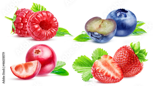 Fototapeta Naklejka Na Ścianę i Meble -  A set of compositions from different berries: raspberries, blueberries, cranberries, strawberries, isolated on a white background. Two berries, whole or cut. Forest and garden berries.