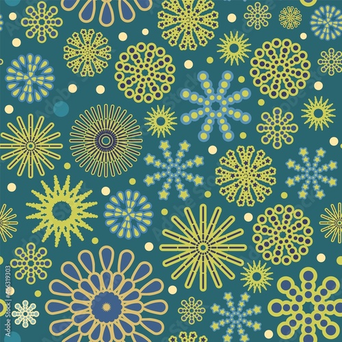 Festive background. Square Seamless pattern. Dark. Bright flashes of fireworks in a symbolic style. Petard and squib. Flat design. Cartoon style. Vector