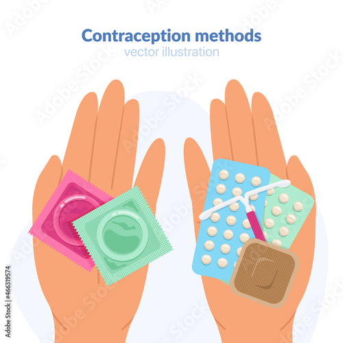 Contraception methods. Hormonal contraception vs barrier method of contraception. Pregnancy, general desesases protection. Vector illustration