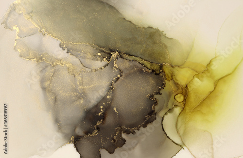 Art Abstract smoke watercolor painting blots horizontal background. Alcohol ink black and gold glitter colors. Marble texture. © Liliia