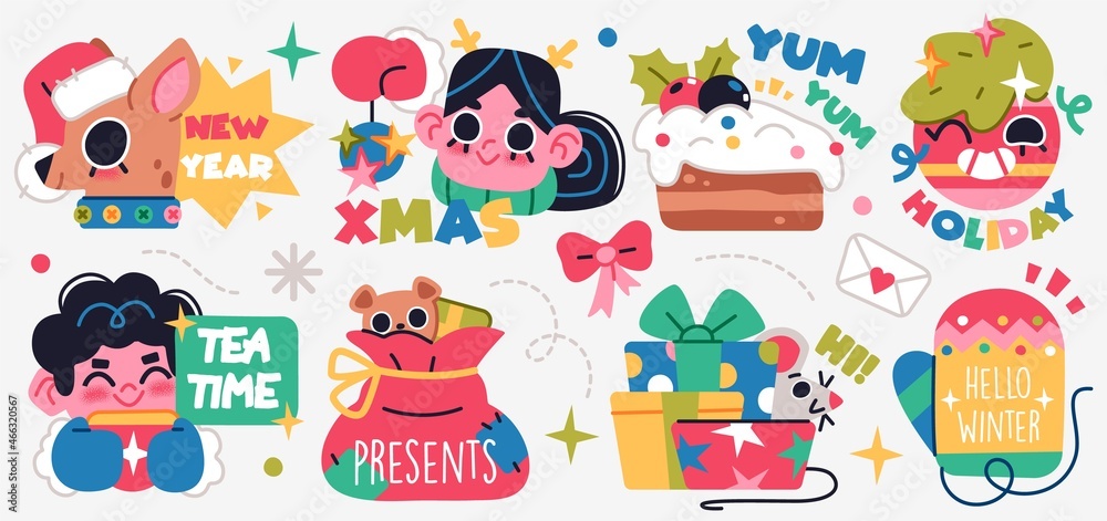 Set of Merry Christmas and Happy New Year stickers or magnets. Festive souvenirs. Set of Merry Christmas and Happy New Year stickers or magnets. Festive souvenirs.
