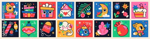 Set of Cute Merry Christmas and Happy New Year Illustrations. Festive christmas characters and objects