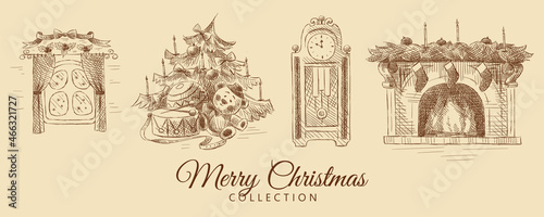 Christmas sketch collection: window with snowflakes, Christmas tree with toys, old clock, fireplace with socks, hand-drawn.