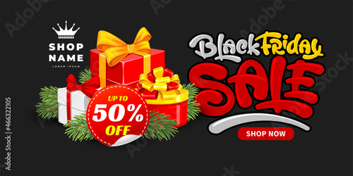 Template for Black Friday Sale advertising banner, poster or flyer. Bright, fun and festive design with gift boxes and unusual lettering. Offer discount on shopping day. Vector illustration. 