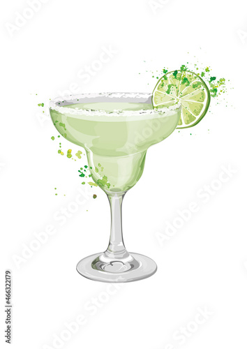 Margarita cocktail illustration on white background with watercolour splashes