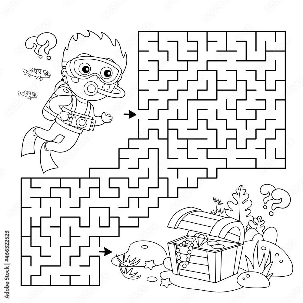 Maze or Labyrinth Game. Puzzle. Coloring Page Outline Of cartoon boy scuba diver with chest of treasure. Marine photography or shooting. Underwater world
