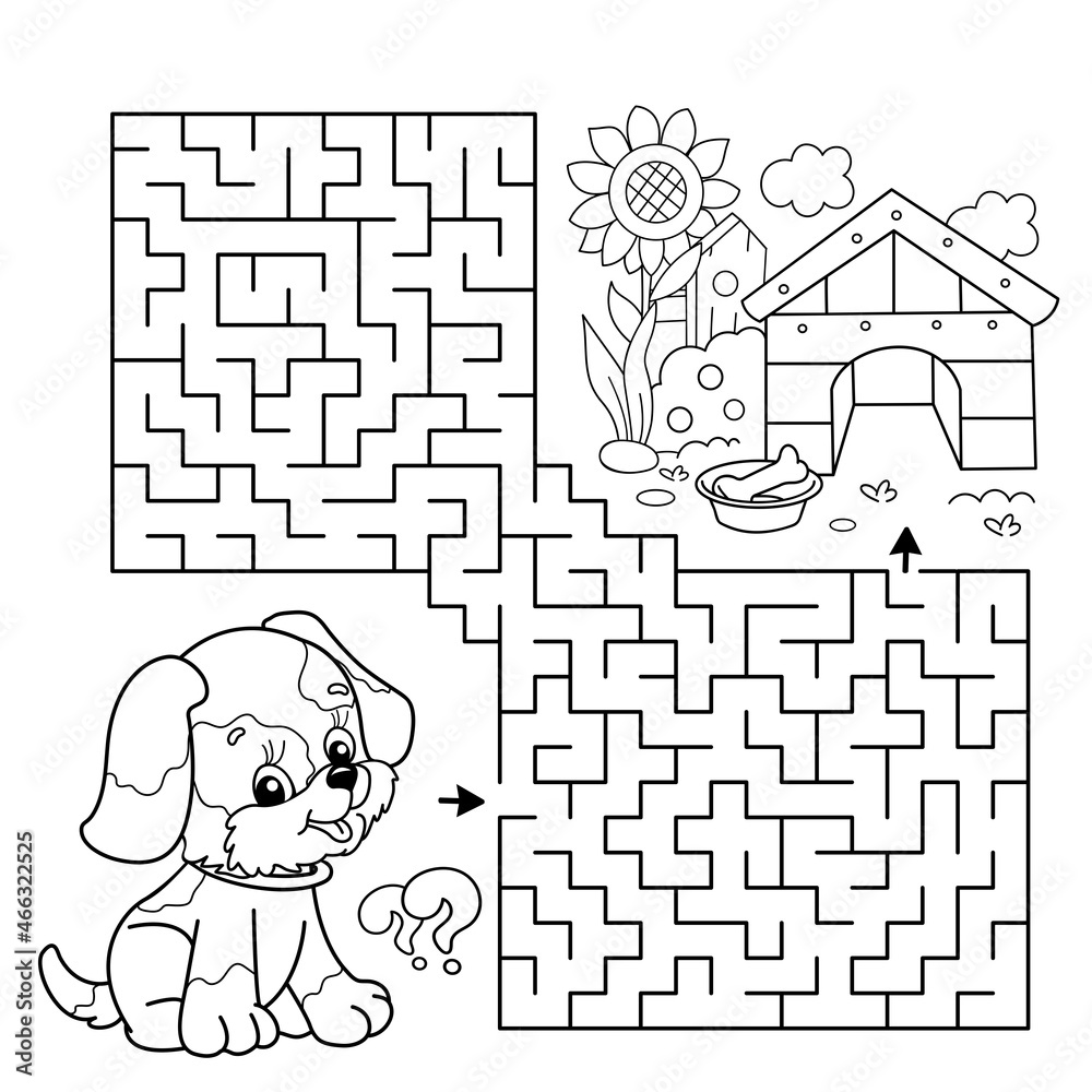 Maze or Labyrinth Game. Puzzle. Coloring Page Outline Of cartoon little dog  with doghouse or kennel. Coloring book for kids. Stock Vector