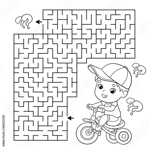 Maze or Labyrinth Game. Puzzle. Coloring Page Outline Of cartoon little boy on bicycle or bike. Sport activity. Coloring book for kids.