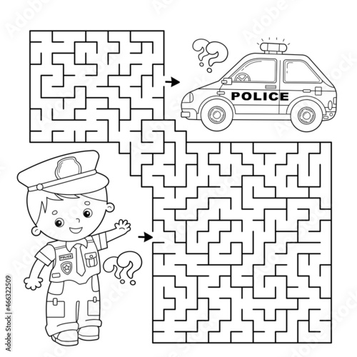 Maze or Labyrinth Game. Puzzle. Coloring Page Outline Of cartoon policeman with car. Profession - police. Coloring book for kids.