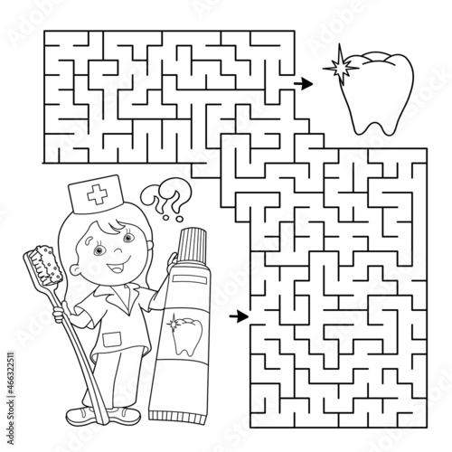 Maze or Labyrinth Game. Puzzle. Coloring Page Outline Of cartoon doctor with toothbrush and toothpaste. Coloring book for kids.