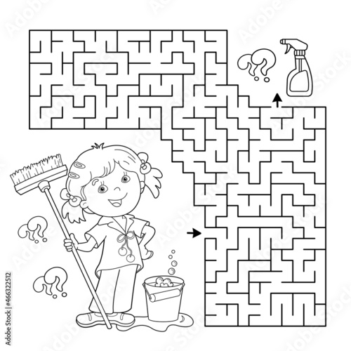 Maze or Labyrinth Game. Puzzle. Coloring Page Outline Of cartoon girl with mop and bucket. Housework and cleaning, Coloring book for kids.