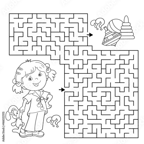 Maze or Labyrinth Game. Puzzle. Coloring Page Outline Of cartoon girl with toys. Coloring book for kids.