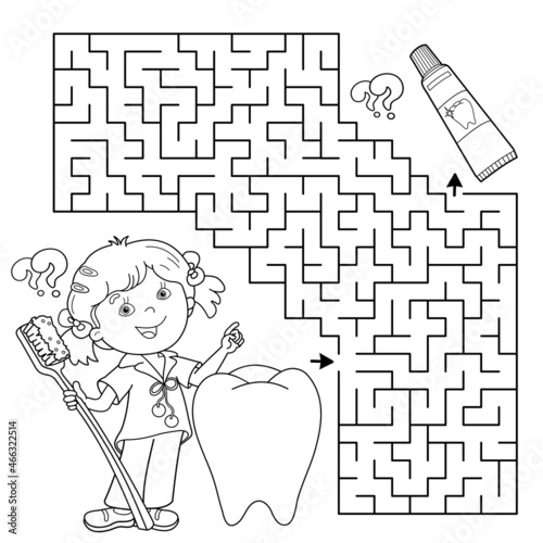 Maze or Labyrinth Game. Puzzle. Coloring Page Outline Of cartoon girl with toothbrush and toothpaste. Coloring book for kids.