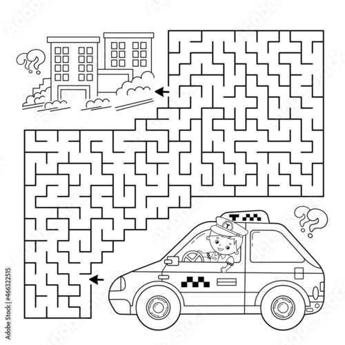 Maze or Labyrinth Game. Puzzle. Coloring Page Outline Of cartoon taxi driver with car. Profession - driver. Taxi. Coloring book for kids.