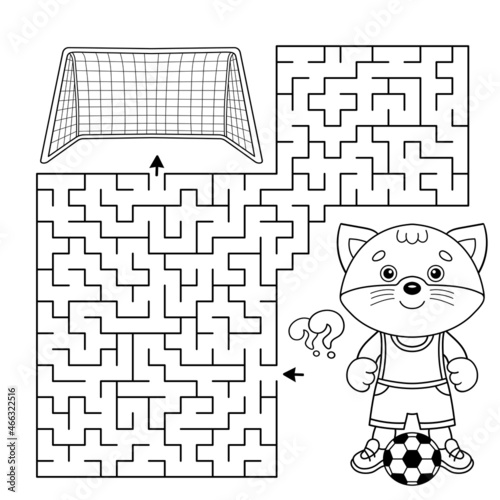 Maze or Labyrinth Game. Puzzle. Coloring Page Outline Of cartoon cat with soccer ball. Football. Sport activity. Coloring book for kids.