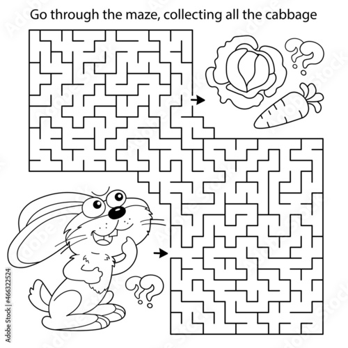 Maze or Labyrinth Game. Puzzle. Coloring Page Outline Of cartoon little bunny or hare with carrot and cabbage . Coloring book for kids.