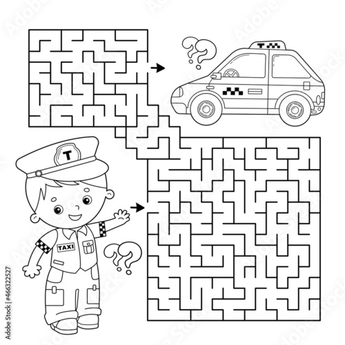 Maze or Labyrinth Game. Puzzle. Coloring Page Outline Of cartoon taxi driver with car. Profession - driver. Taxi. Coloring book for kids.