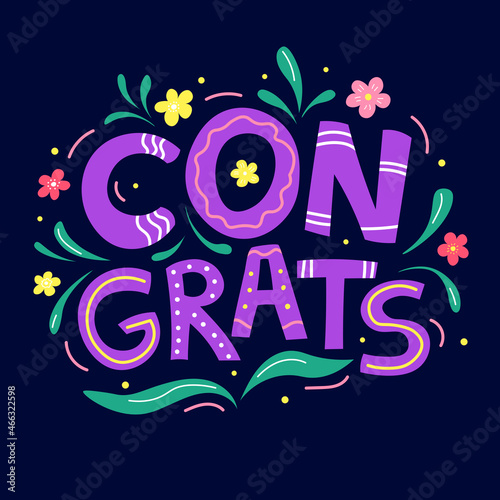 Congrats lettering with flowers. Decorative lettering congrats on dark blue background