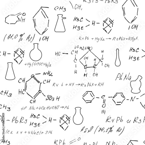 Seamless endless pattern background with handwritten chemistry formulas, chemical relationship or rules expressed in symbols, various matter, compounds, composed of atoms, molecules and ions. Vector.