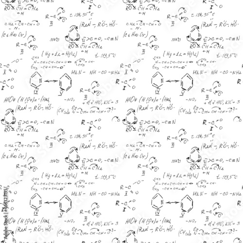 Hand draw chemistry pattern on white background. Back to School seamless pattern. Science lab subject. Education notes in exercise book page. Chemical study paper. Endless illustration. Vector.