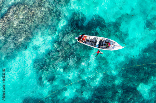 Aerial view, fishermen catch fish on the reefs at Cap Malheureux, Grand Gaube, Pamplemousses Region, Mauritius, Africa © David Brown