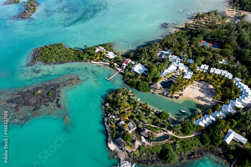 Aerial view, beaches with luxury hotels at Cap Malheureux, Grand Gaube, Pamplemousses Region, Mauritius, Africa