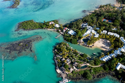 Aerial view, beaches with luxury hotels at Cap Malheureux, Grand Gaube, Pamplemousses Region, Mauritius, Africa © David Brown
