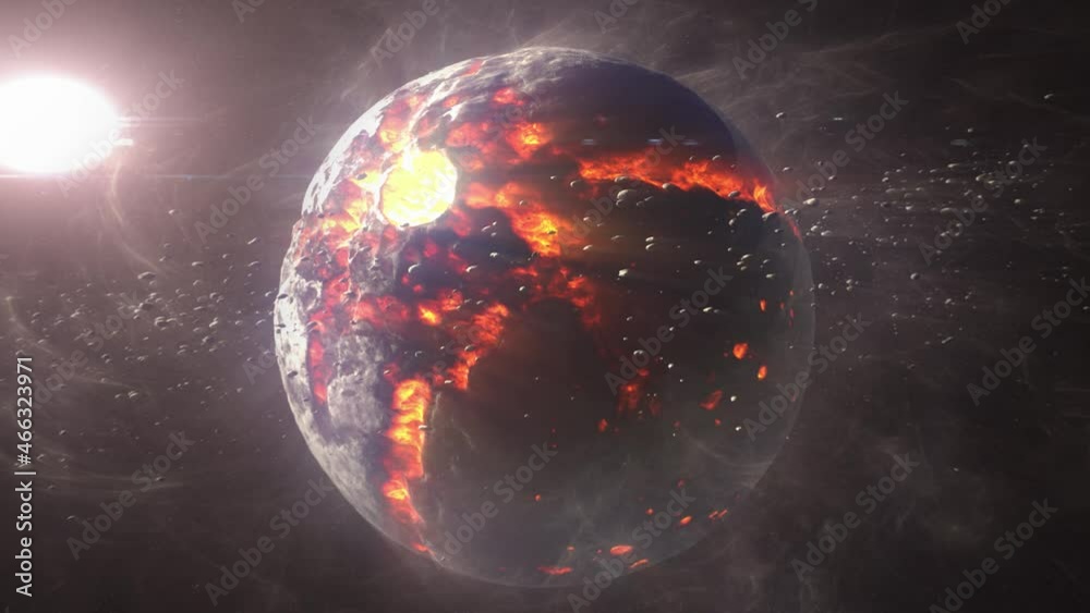 Dead planet with hot lava magma and asteroids
Cinematic view of destroyed death star after meteor asteroids impact

