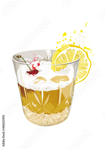 Whisky sour cocktail illustration with watercolour splashes.