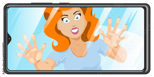 Pretty girl leaned against screen phone. Woman look from inside smartphone. Illustration for internet and mobile website.