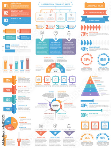 Big set of infographic elements - graphs and charts, steps and options, timeline, pyramid