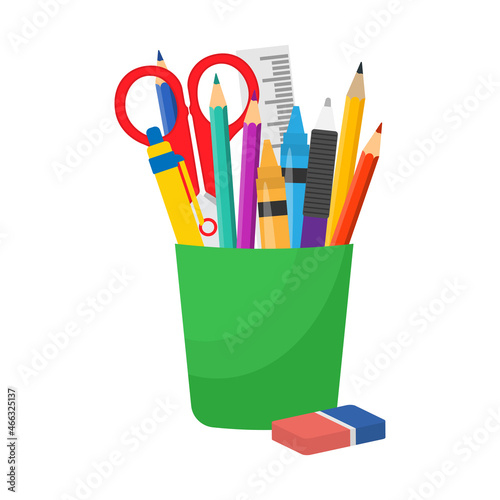 Home and office stationery in green stand, isolated on white background.