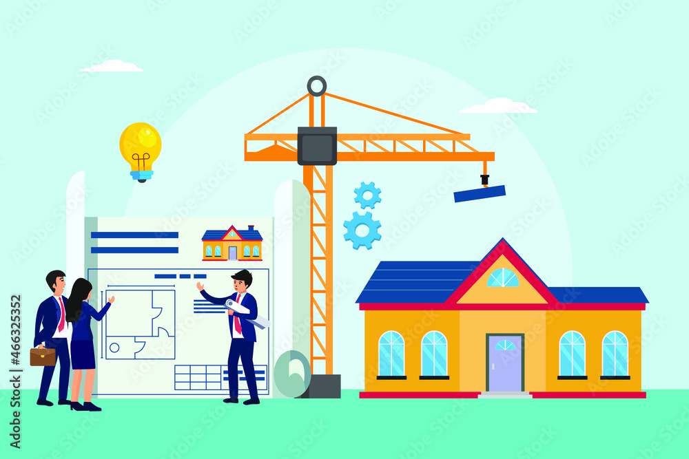 Construction site vector concept. Group of architects discussing together with blueprint while standing in the construction site