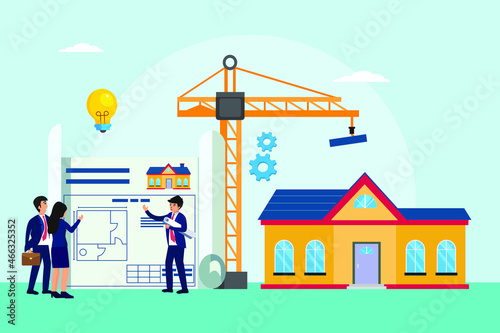 Construction site vector concept. Group of architects discussing together with blueprint while standing in the construction site