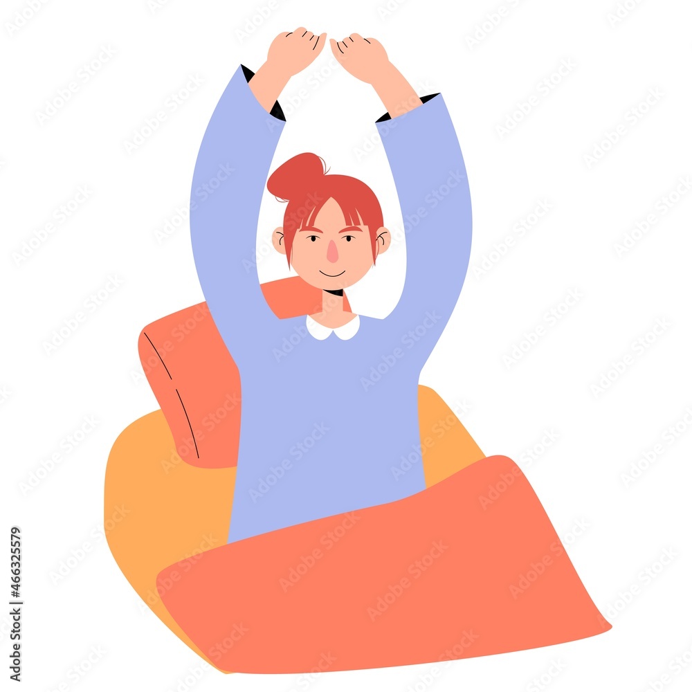 Obraz premium Morning routine. A young happy girl wake up and is stretching in bed. Wake up and sing. Isolated vector illustration in flat style.