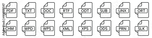 Text file formats icon. Set of line icons of different text documents. Text file documents. Vector illustration.