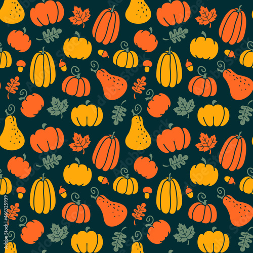 Seamless fall pattern with pumpkins, maple and oak leaves, acorns and mushrooms