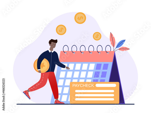 Day of payment of bills concept. Man transfers money at time indicated on calendar. Paycheck with amount owed. Character with gold coin in his hands. Cartoon colorful flat vector illustration photo