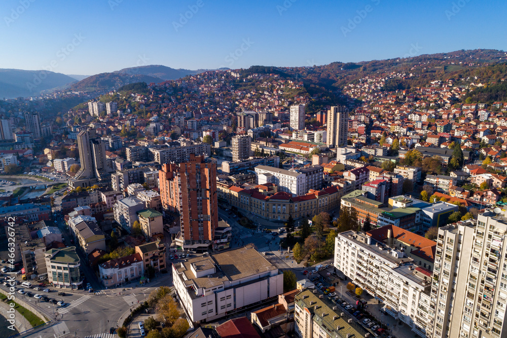 Uzice, Aerial view panorama of City in Serbia